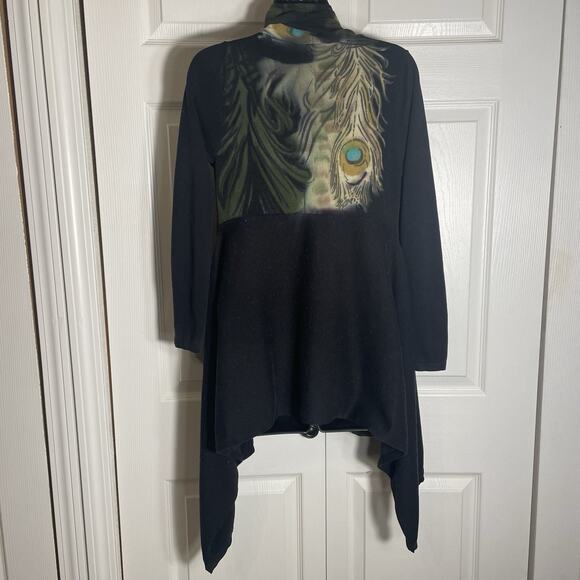 Adore Cardigan Women Small Black Peacock Feather Asymmetrical Hem Open Front - Picture 5 of 11